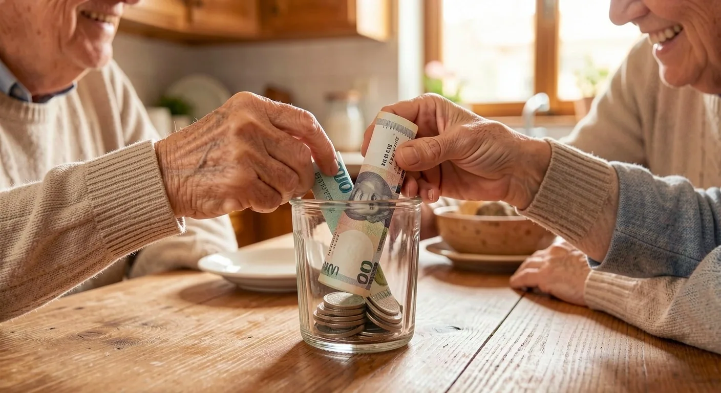 Frasco de vidrio con billetes enrollados como reserva de emergencia en una cocina