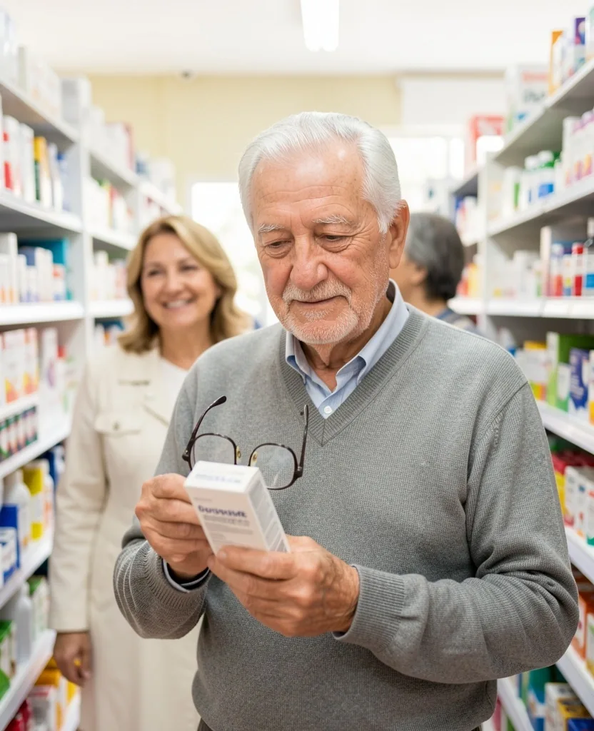 Hombre mayor revisando medicamentos en una farmacia