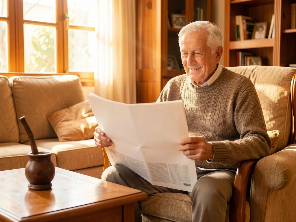 Adulto mayor leyendo con tranquilidad en su living