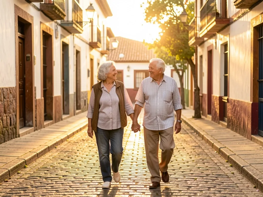 Pareja de jubilados caminando juntos por un barrio tranquilo
