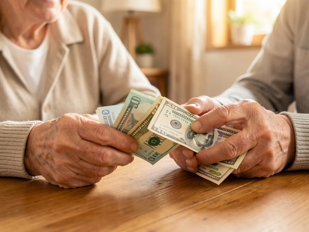 Manos de una persona mayor sosteniendo billetes de pesos y dólares