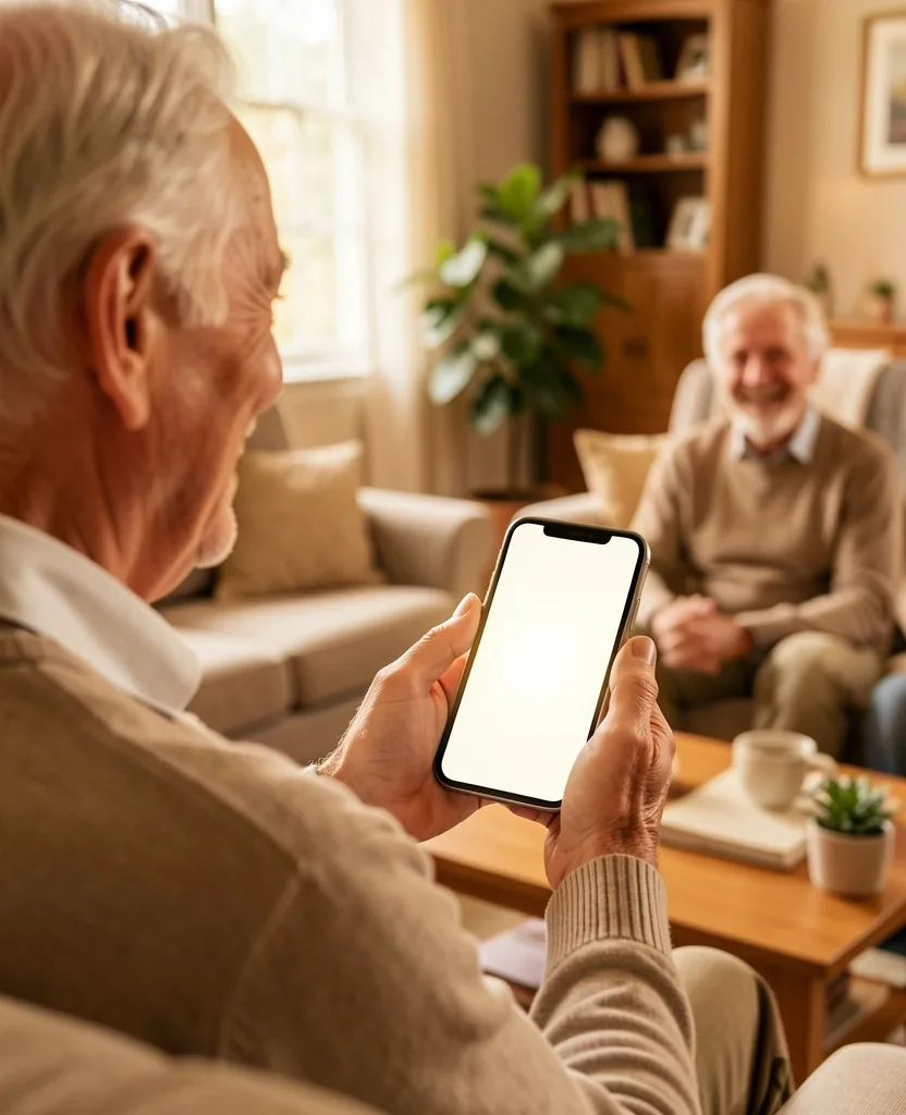 Adulto mayor usando banca digital desde su hogar