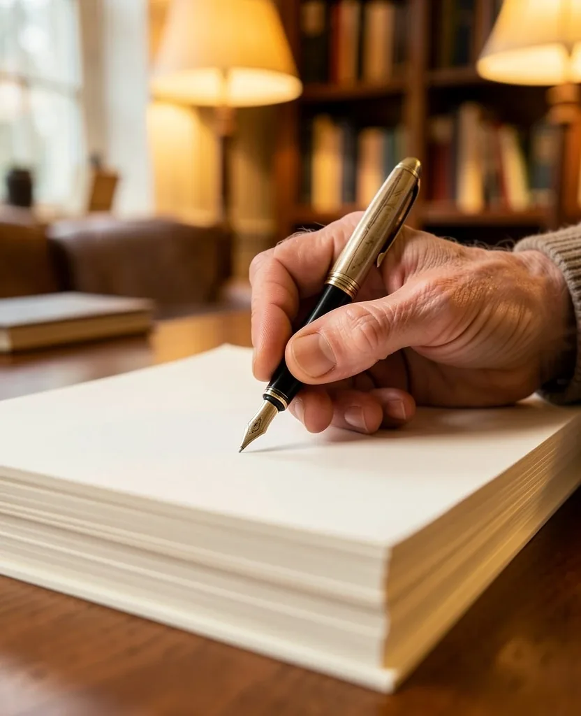 Pluma estilográfica sobre papel en un escritorio doméstico