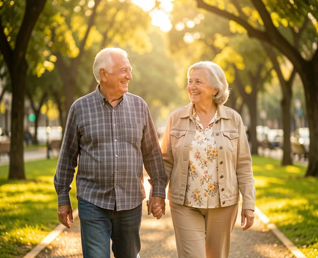 Pareja de adultos mayores caminando por un parque