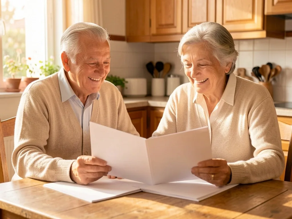 Pareja de adultos mayores revisando documentos en su hogar