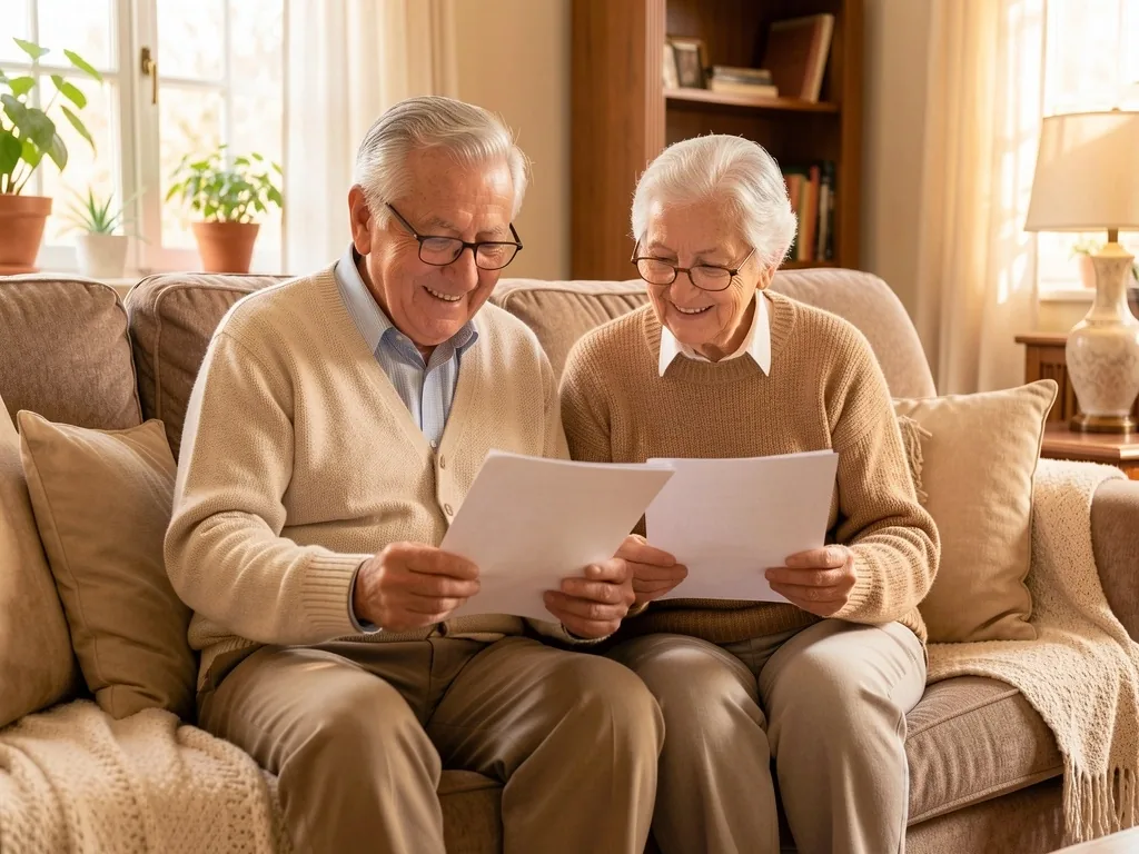 Pareja de adultos mayores leyendo documentos en su living