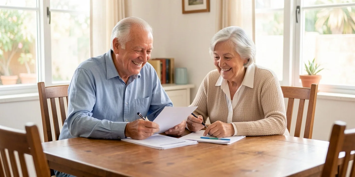 Pareja de adultos mayores revisando documentos en su casa