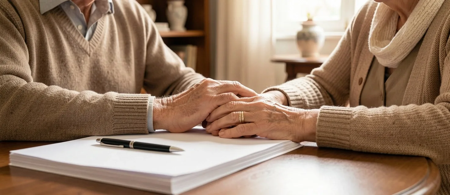Pareja de adultos mayores revisando documentos en su escritorio