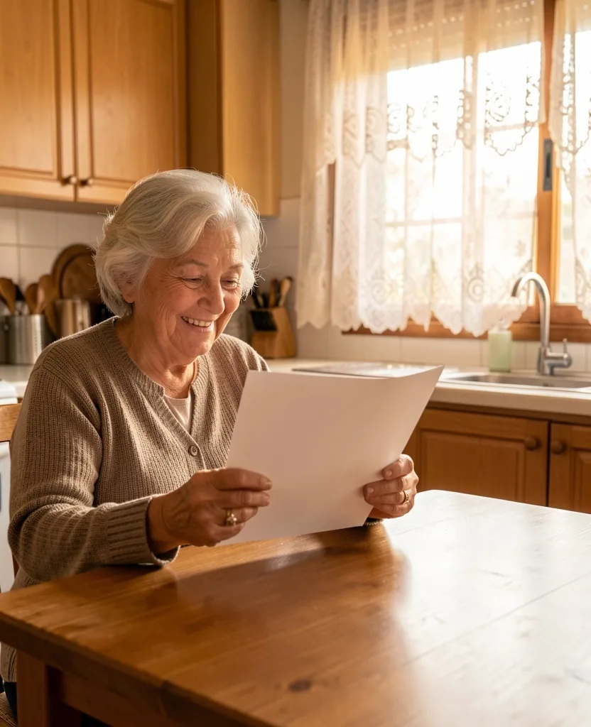 Adulta mayor leyendo una guía financiera en su cocina