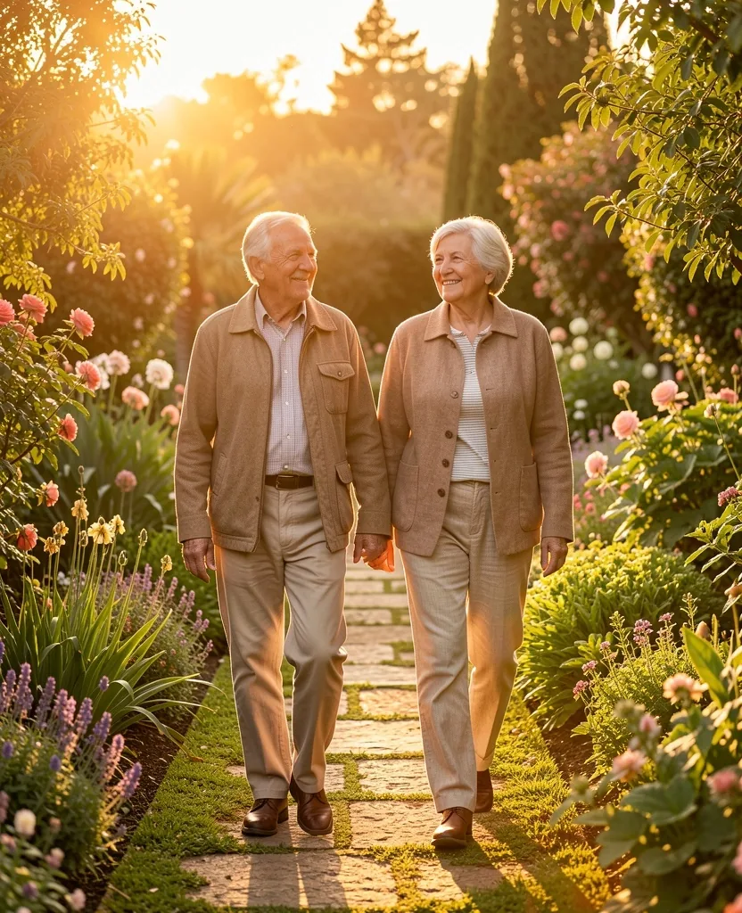 Pareja mayor caminando abrazados por un parque soleado