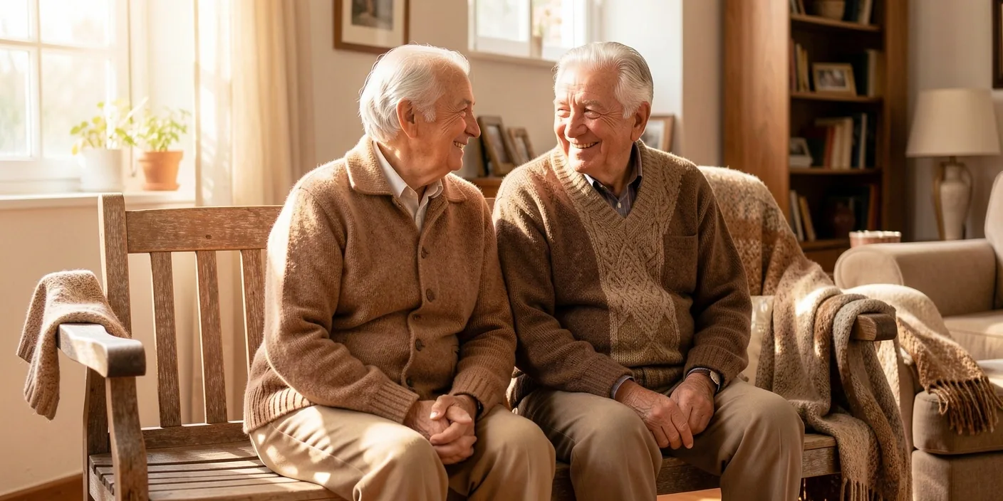 Pareja mayor sonriendo juntos en un ambiente cálido y luminoso