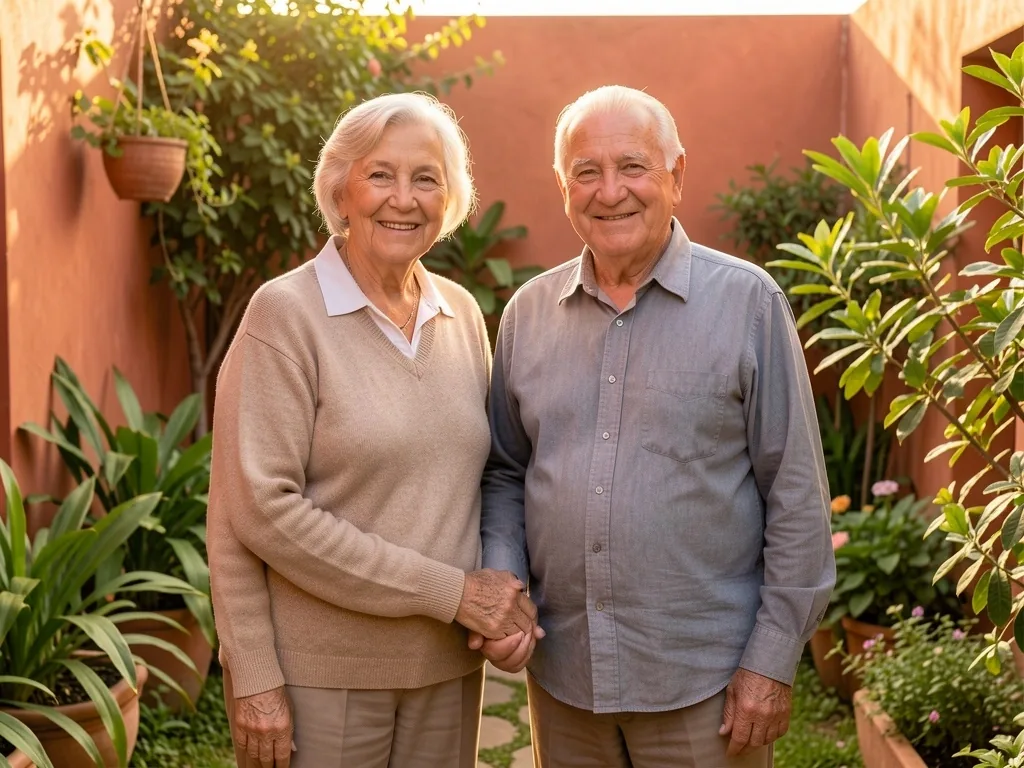 Pareja mayor feliz en el jardín de su hogar
